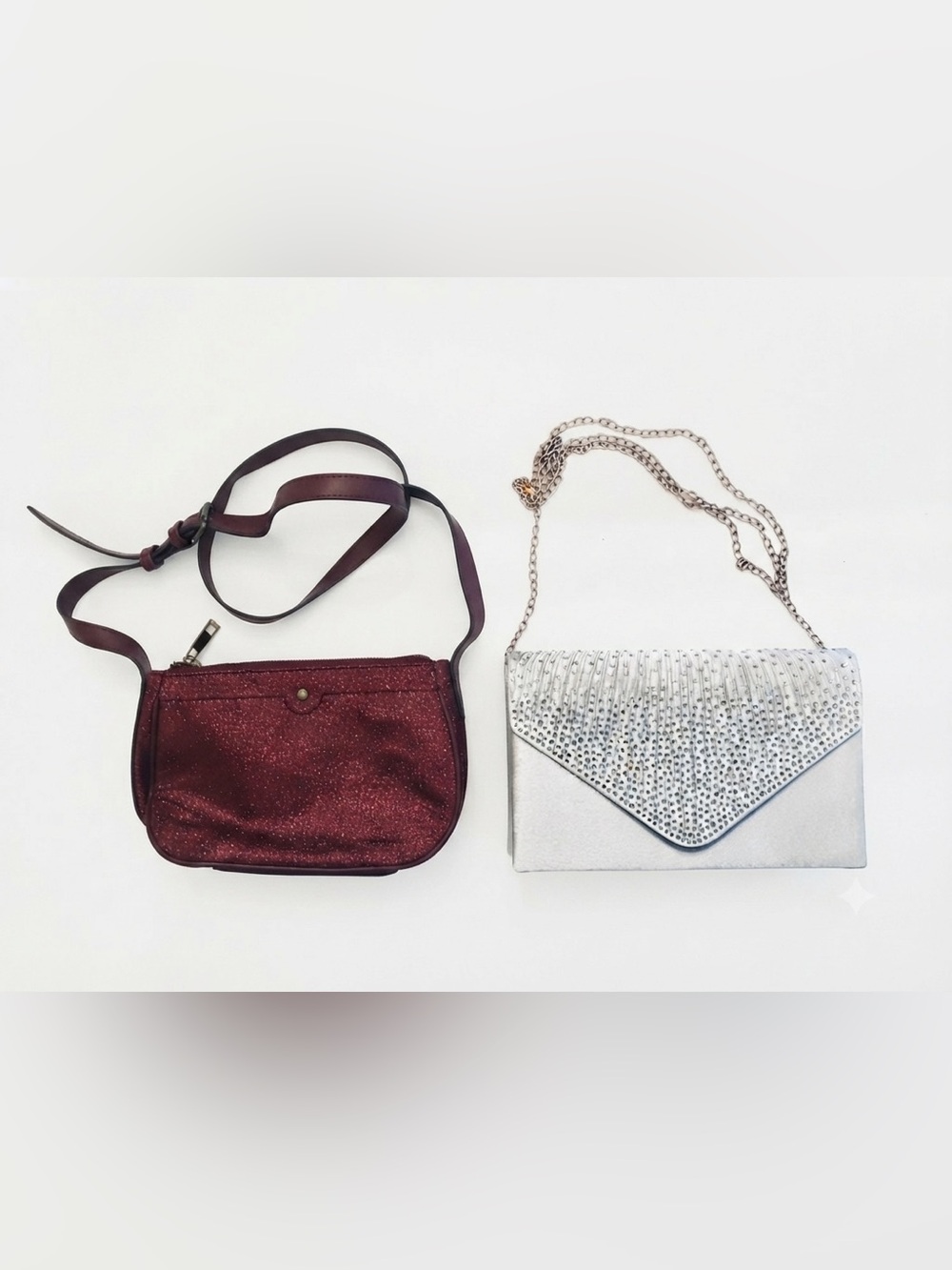 Evening Envelope Clutch Silver Rhinestone & Burgundy Crossbod Party Bag -2-Piece